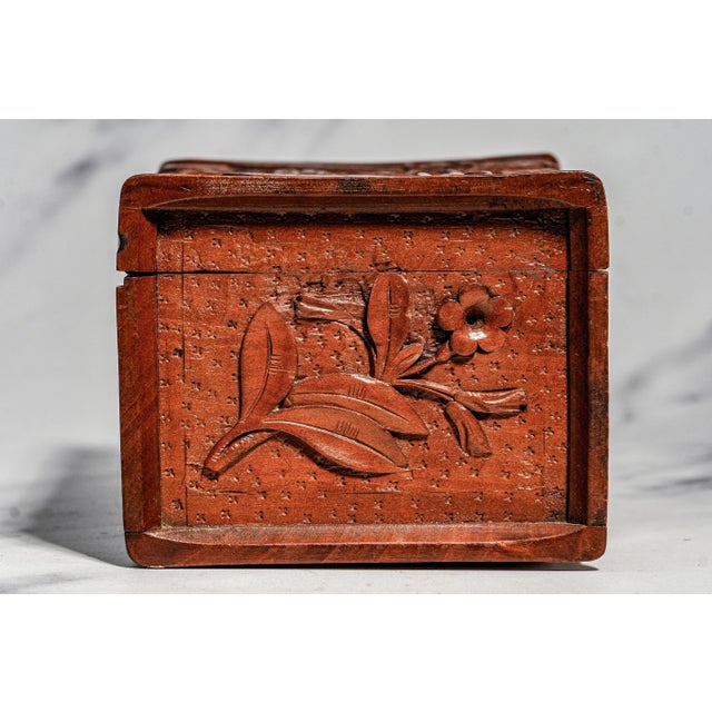 Stunning Hand Carved Antique Victorian Wood Trunk Box Floral Keepsake Casket Home Decor For Sale - Image 11 of 14