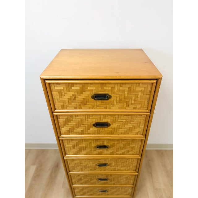 Dixie Mid 20th Century Dixie Parquet Inlay Tall Chest of Drawers Brass Detail Coastal Hollywood Regency For Sale - Image 4 of 11