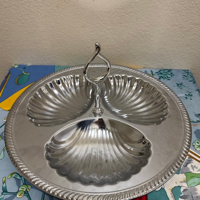 1980s Vintage Regency Style Silver Tone Triple Shell Divided Serving Tray With Stylized Handle For Sale - Image 5 of 5