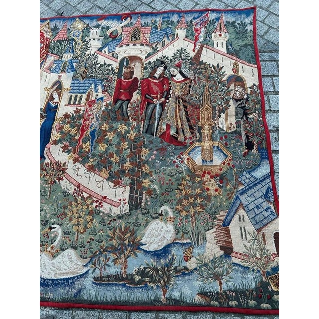"Elegant large vintage French tapestry depicting a legendary scene of the King Arthur. Elevate your space with the charm...