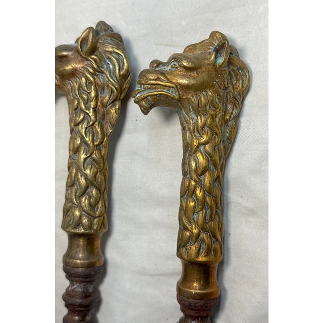 19th Century Set of 3 Antique 1800s Brass Steel Figural Dragon Fireplace Tools Poker Tong For Sale - Image 5 of 15