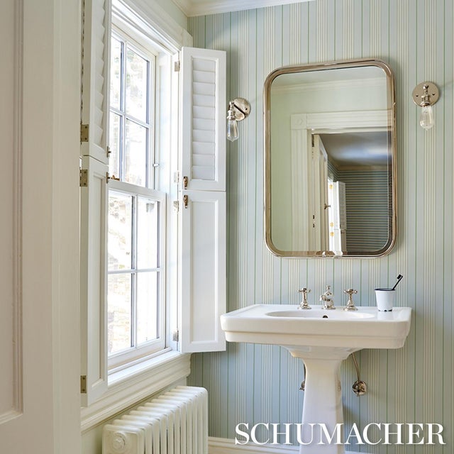 2020s Schumacher Audrey Stripe Wallcovering In Sky & Leaf For Sale - Image 5 of 6