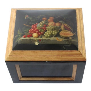 Chinoiserie Lacquered Wood Gold Finish Lidded Box Fruit Still Life Decal Detail Vintage Mid Century For Sale