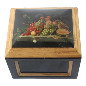 Chinoiserie Lacquered Wood Gold Finish Lidded Box Fruit Still Life Decal Detail Vintage Mid Century