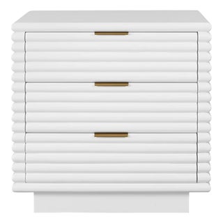 Matthew Izzo Home Mateo Glossy White Lacquer Three Drawer Side Table With Brass Drawer Pulls For Sale