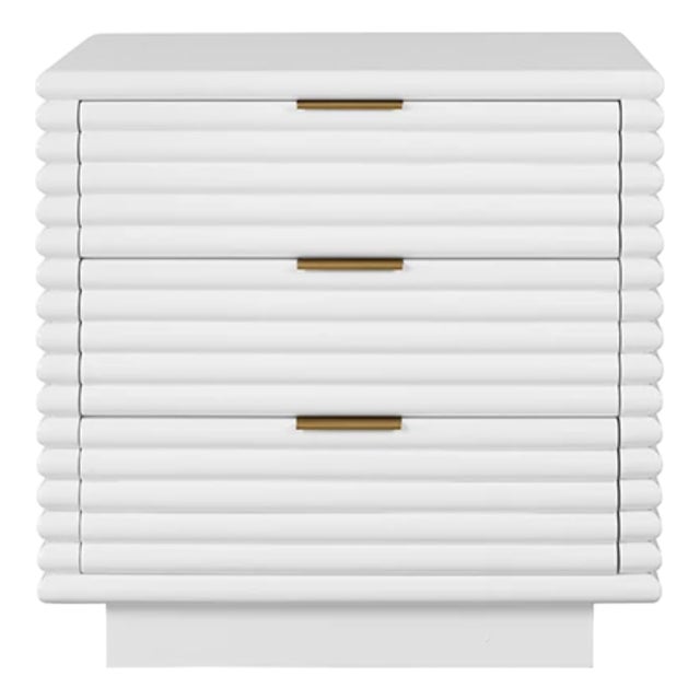 Matthew Izzo Home Mateo Glossy White Lacquer Three Drawer Side Table With Brass Drawer Pulls For Sale