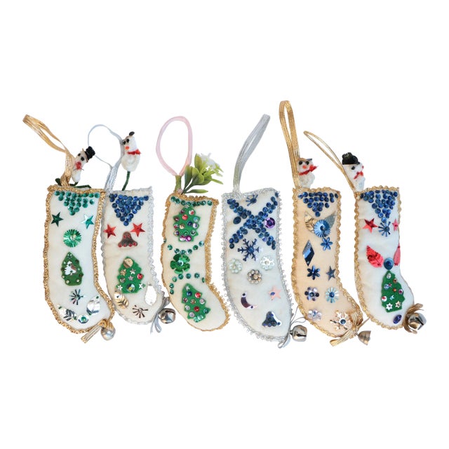 Mid-Century Felt Christmas Stocking Ornaments - Set of 6 For Sale