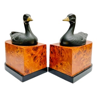 1930s Art Deco Ebonized Brass Duck Bookends on Burlwood Bases - a Pair For Sale
