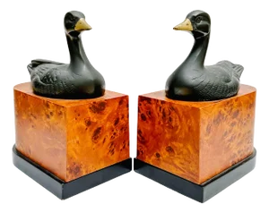 1930s Art Deco Ebonized Brass Duck Bookends on Burlwood Bases - a Pair