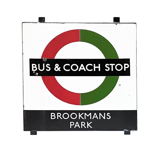 Vintage English Bus & Coach Stop Porcelain Enamel Sign, Brookmans Park For Sale - Image 4 of 4