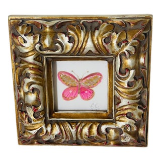 1970s Pink Butterfly Original Painting in Gold Frame For Sale