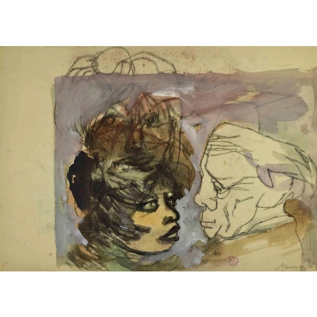 Modern Mino Maccari, The Old and the Young, Charcoal & Watercolor, Mid-20th Century For Sale - Image 3 of 3