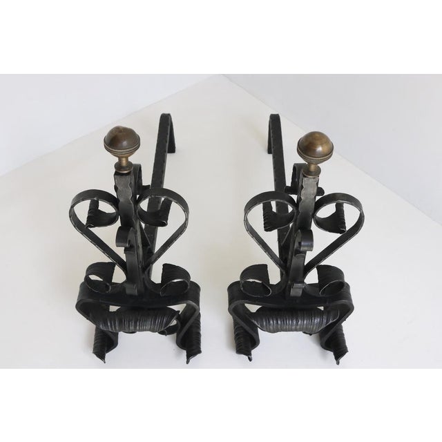 Antique Hand-Forged Wrought Iron Andirons, 1890s, Set of 2 For Sale - Image 4 of 13
