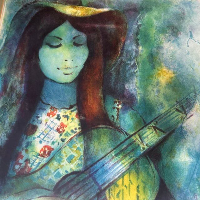 Expressionism 1960’s Original Yehuda Vardi Girl Playing a Guitar Lithograph For Sale - Image 3 of 5