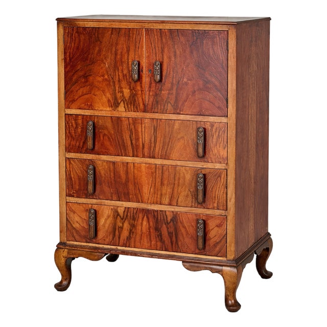 Art Deco Walnut Tallboy Chest of Drawers with Cabinet Top, 1930s For Sale