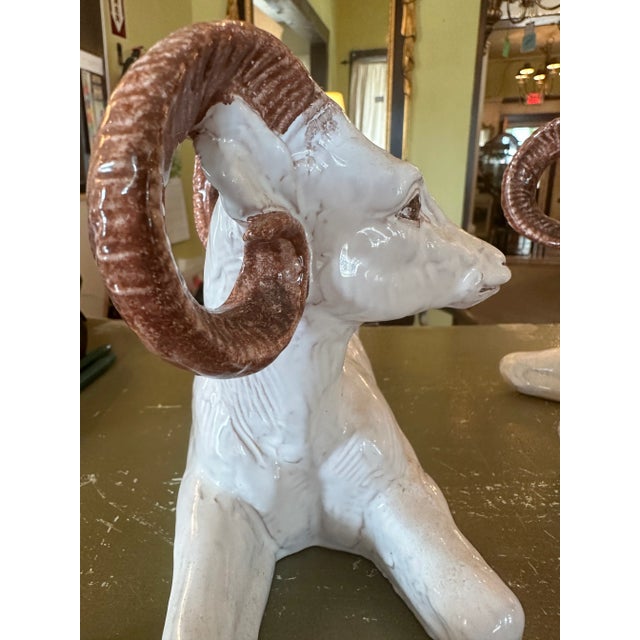 Italian Mid 20th Century Italian Glazed Terra Cotta Rams- a Pair For Sale - Image 3 of 10