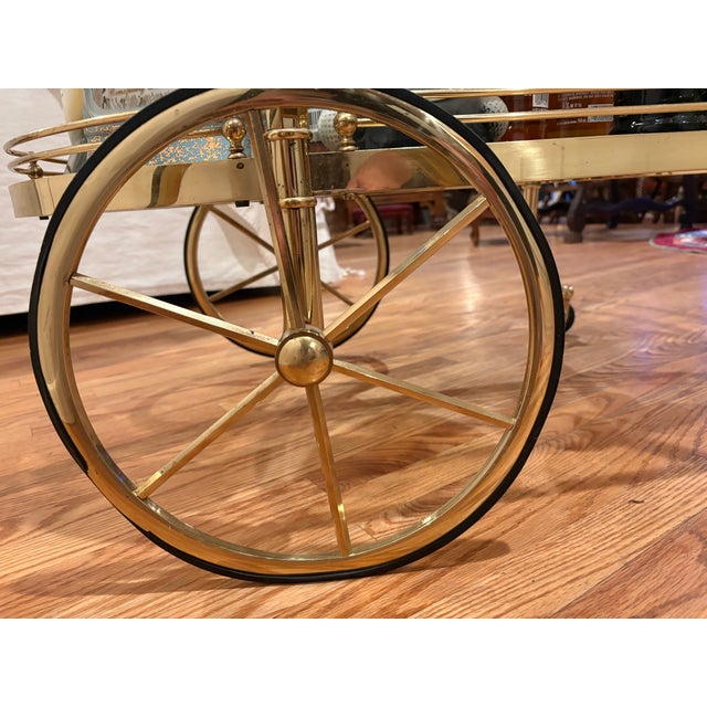 Mid 20th Century Vintage Mid-Century Two-Tier Polished Brass & Glass Rolling Serving Bar Cart For Sale - Image 9 of 10