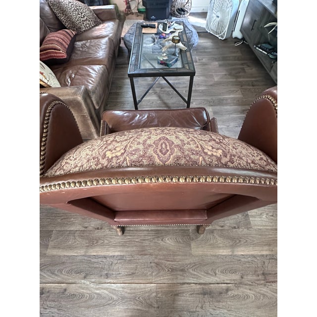 Vintage Century Furniture Leather & Tapestry Oversized Wingback Chair For Sale - Image 6 of 14