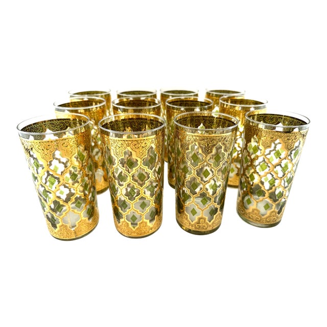 Vintage Mid Century Culver Gold and Green Moroccan Highball Glasses, Set of 12 For Sale