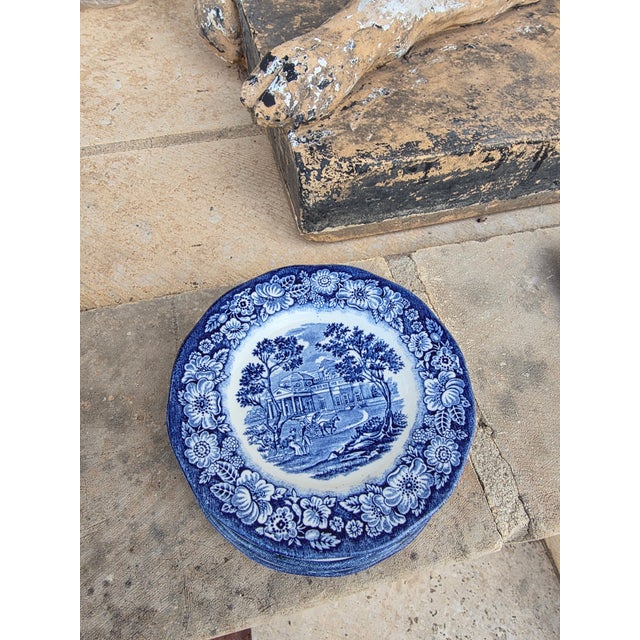 English Vintage Staffordshire Blue and White Liberty Blue Bread Plates - Set of 8 For Sale - Image 3 of 5