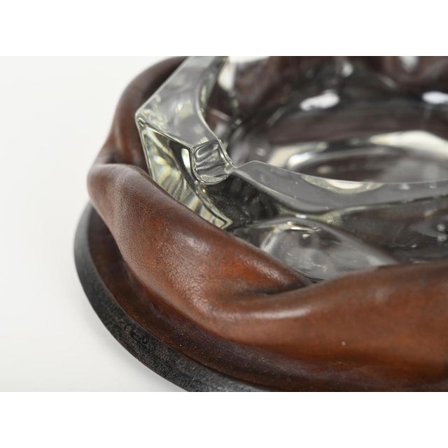 Adnet Brown Curved Leather and Crystal Glass Ashtray, 1950s For Sale - Image 4 of 15
