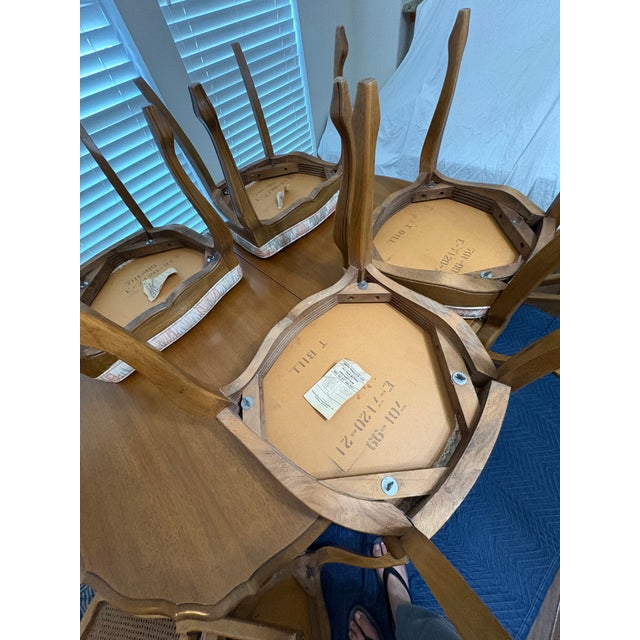 Vintage 1962 Thomasville Tableau Country French Dining Set – 6 Cane-Back Chairs + Table W/ 3 Leaves, Set of 10 For Sale - Image 12 of 12