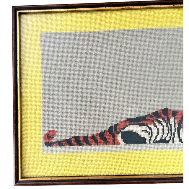 Brunschwig & Fils Large 1972 Framed Princeton Tiger Needlepoint on Gray Field With Yellow Border Initialed by Maker For Sale - Image 4 of 8