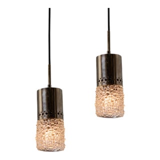 Pair of 1960s Chrome Metal and Bubble Glass Pendants by Helena Tynell For Sale