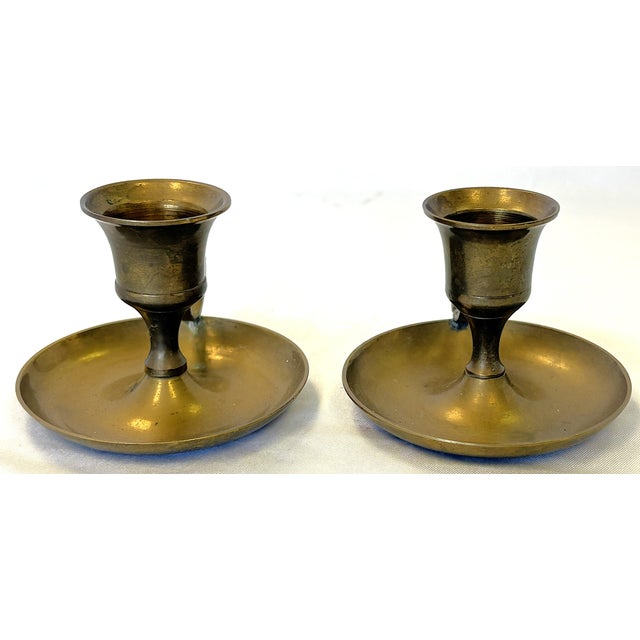 Brass Vintage Solid Brass Chamberstick Candle Holder Made in India- A Pair For Sale - Image 8 of 11