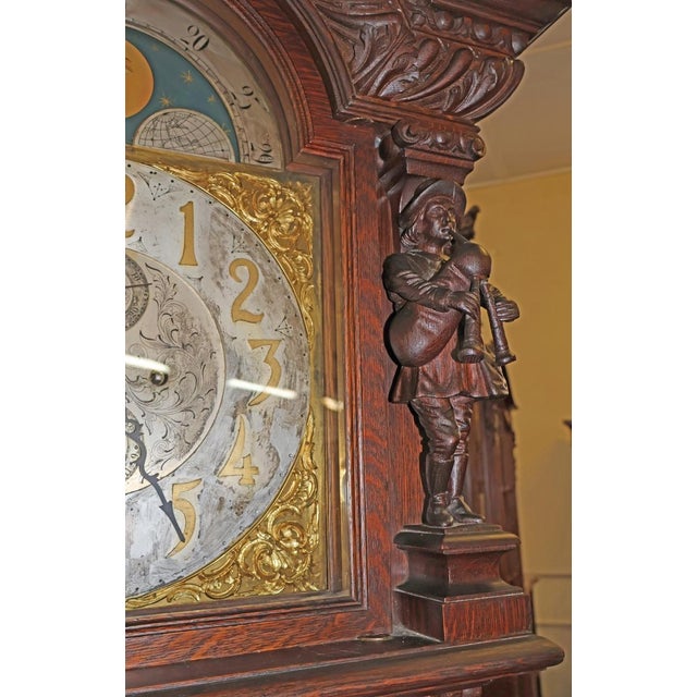 Brown ​​19th Century Tiger Oak Figural Carved Tall Case Grandfather Clock W&h Movement For Sale - Image 8 of 17