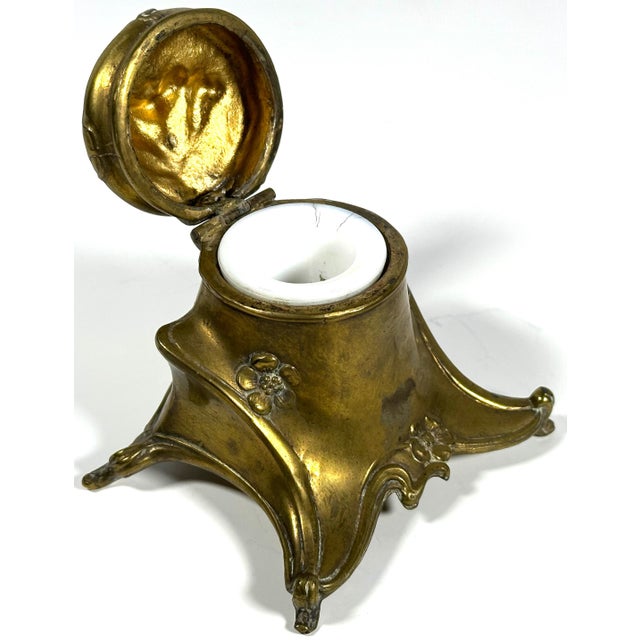 Art Nouveau Jennings Bros. Ormolu Inkwell with Milk Glass Insert For Sale - Image 6 of 10