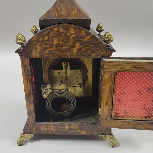 Antique French Tiger Oak Bracket Mantel Clock With Ormolu Caryatids & Pineapple Finials For Sale - Image 11 of 13