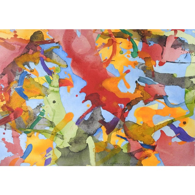 Vintage Abstract Sky Blue & Bright Colors Watercolor Painting For Sale - Image 4 of 4