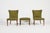 Modern Italian production set of 2 sculptural chairs with ottoman in moss green fabric upholstery on varnished wood legs...