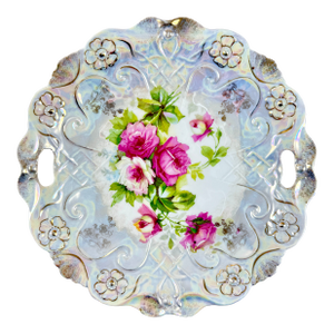 Tl Lehmann Bavarian Porcelain Iridescent Handled Rose Bowl