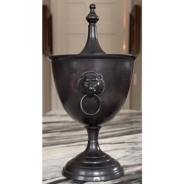 Neoclassical Vintage Neoclassical Bronze Finish Metal Lion Head Motif Urn Jar For Sale - Image 3 of 9