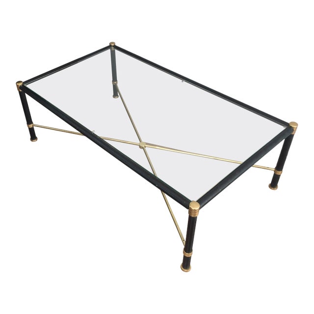 In the Style of Jacques Adnet, Rectangular Brass and Black Lacquered Coffee For Sale