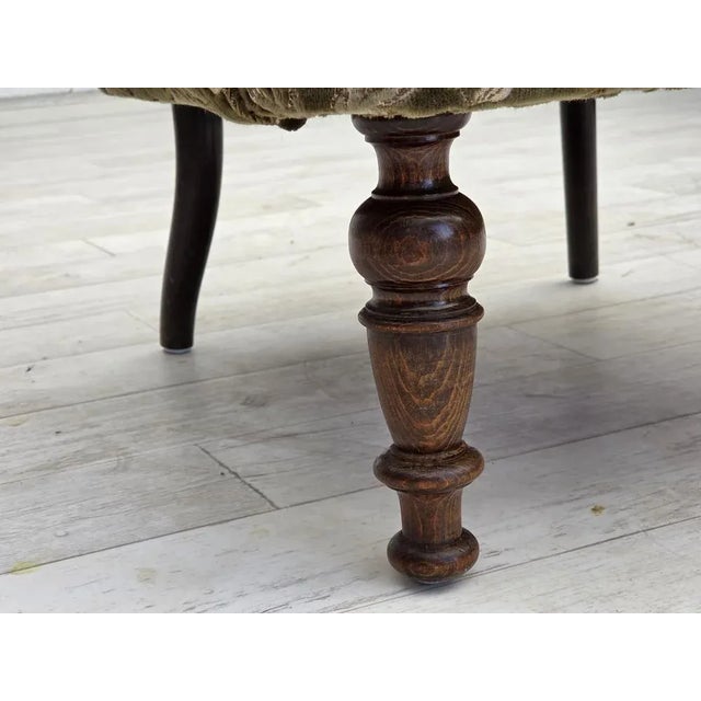 1950s, Danish armchair. Green furniture velour, ash wood legs, springs in the seat. Chair was reupholstered by craftsman...