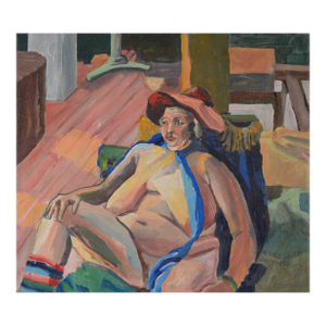 "In Front of the Fire" - Original 1981 Modernist Oil by Patricia Gren Hayes