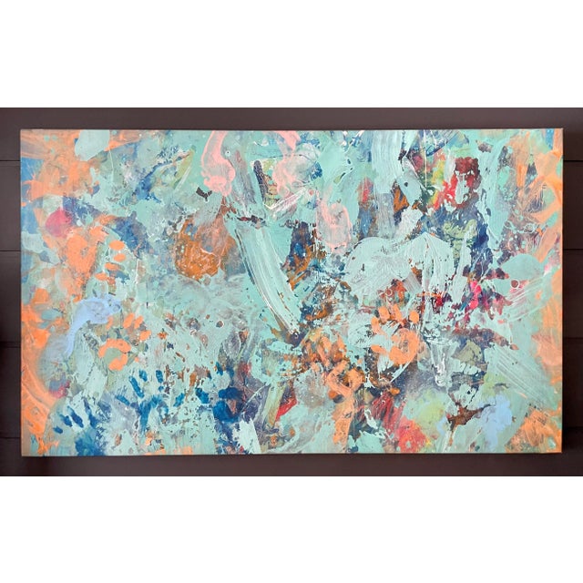 Original Aqua and Peach Abstract Painting on Canvas For Sale - Image 9 of 9