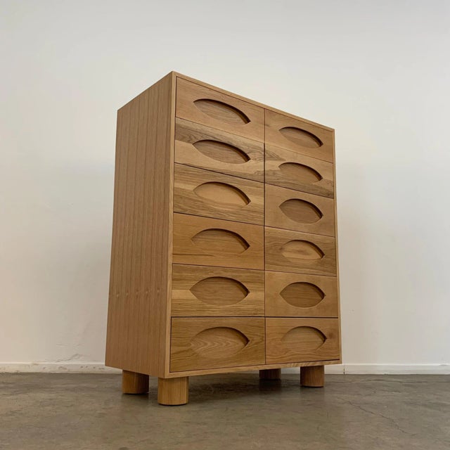 W40 D20 H52 Custom Highboy dresser made of a minority of solid white oak with minor areas in veneered oak. Top drawer is...