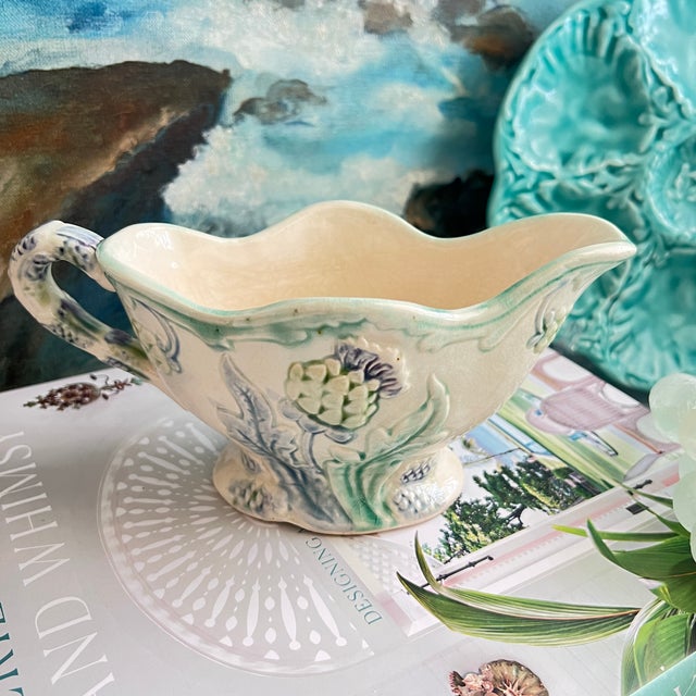 Shabby Chic Early 20th Century Fives-Lille Majolica Artichoke Gravy Boat For Sale - Image 3 of 4