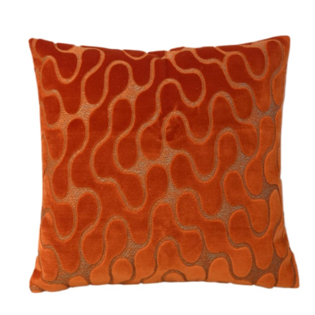 Custom-tailored designer pillow in a beautiful modern mid-century style velvet fabric. Orange velvet fabric on the...