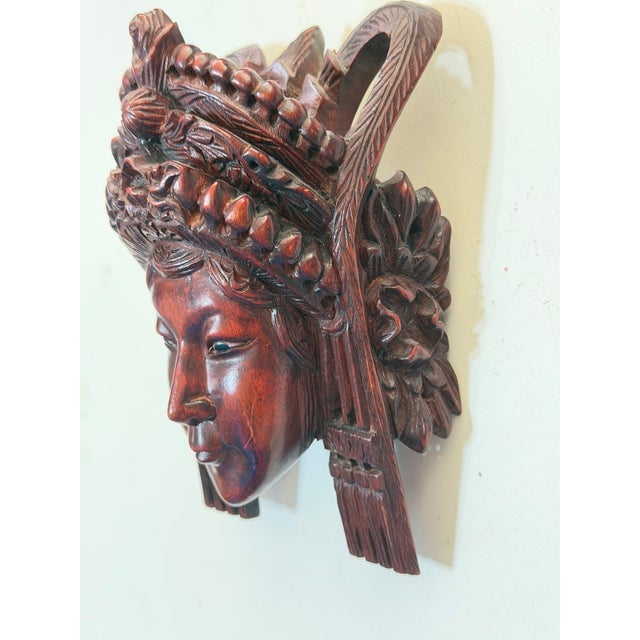 Pair of Vintage Balinese Rama & Sita Hand-Carved Wood Theatrical Wall Masks For Sale - Image 10 of 15