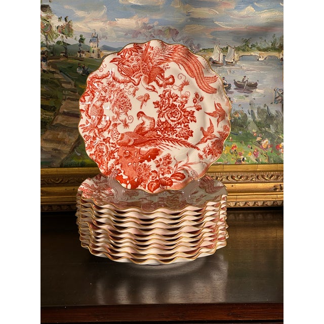 Set of 12 Royal Crown Derby “Red Aves” Fluted Dessert Plates, 8.75” This elegant set of twelve fluted dessert plates...