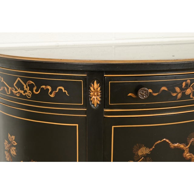 Imperial Furniture Grand Rapids French Regency Chinoiserie Black Lacquered Hand Painted Demilune Cabinet, Circa 1940s For Sale - Image 10 of 16