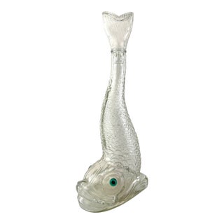 Mid 20th Century Italian Empoli Glass Fish Decanter Bottle With Tail Stopper Barware For Sale