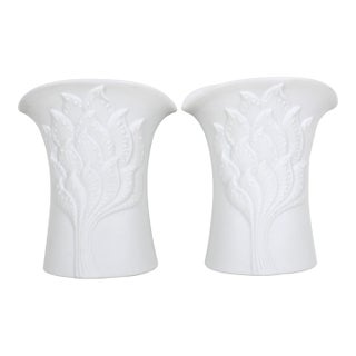 Vintage 1960’s Ceramic White Bisque Candle Holders Signed M Frey Kaiser Germany, Matte White Porcelain, a Pair For Sale