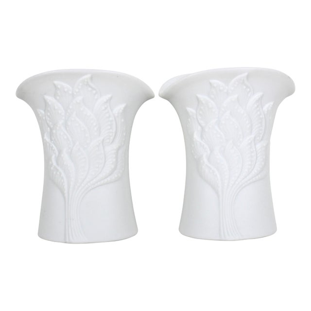 Vintage 1960’s Ceramic White Bisque Candle Holders Signed M Frey Kaiser Germany, Matte White Porcelain, a Pair For Sale