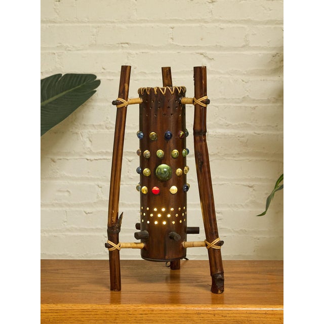 Vintage 1970s Bamboo & Rattan Sculptural Table Lamp With Glass Cabochons. For Sale - Image 10 of 12